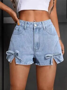 Bow High Waist Denim Shorts